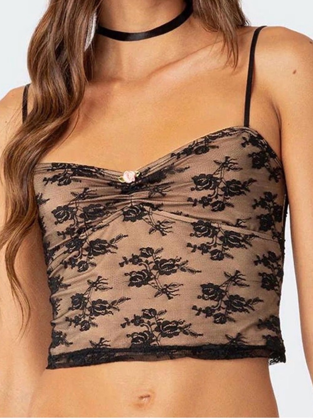 Edikted Carter Lace Cami with Black Floral Overlay